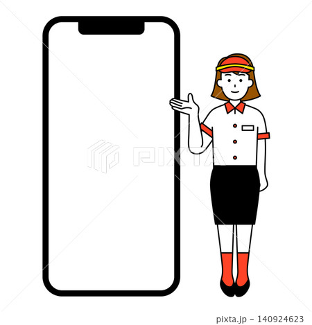 空白の画面の大きいスマホと案内するファストフード店の女性店員 空白の画面の大きいスマホと案内するファストフード店の女性店員 140924623