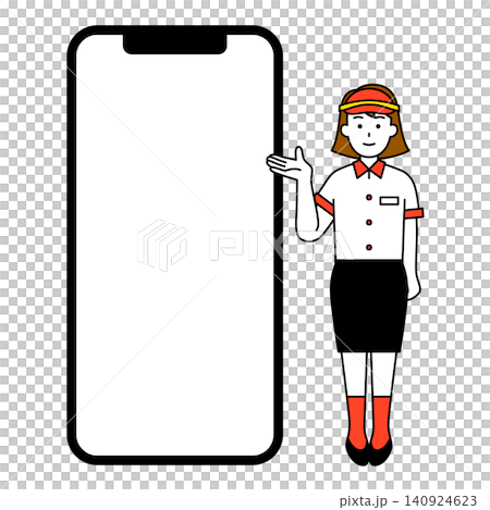 空白の画面の大きいスマホと案内するファストフード店の女性店員 空白の画面の大きいスマホと案内するファストフード店の女性店員 140924623