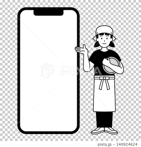 A large, blank smartphone screen and a female bartender giving directions. A large, blank smartphone screen and a female bartender giving directions. 140924624