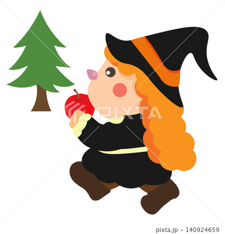 一本の木を背景にリンゴを食べながら歩く魔女のカットイラスト 一本の木を背景にリンゴを食べながら歩く魔女のカットイラスト 140924659