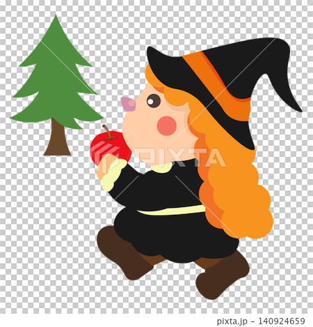 一本の木を背景にリンゴを食べながら歩く魔女のカットイラスト 一本の木を背景にリンゴを食べながら歩く魔女のカットイラスト 140924659