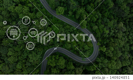 Electric vehicle or EV electrical energy for environment on forest road, Sustainable energy transportation, Electric car and EV electric energy for environment. Electric vehicle or EV electrical energy for environment on forest road, Sustainable energy transportation, Electric car and EV electric energy for environment. 140924851