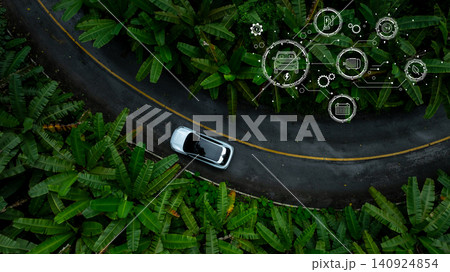 BEV car on forest road with battery electric vehicle energy graphic, Ecosystem ecology sustainable environment road trip travel, BEV car with nature, Battery electric vehicle car and white graphic. BEV car on forest road with battery electric vehicle energy graphic, Ecosystem ecology sustainable environment road trip travel, BEV car with nature, Battery electric vehicle car and white graphic. 140924854