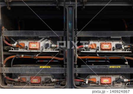 Electric bus at the EV charging station, Industrial battery storage energy of electric bus, Electric bus charging station, Battery electric bus. 140924867
