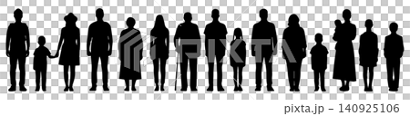 Front view of silhouettes of men and women of all ages lined up in a row - black Front view of silhouettes of men and women of all ages lined up in a row - black 140925106