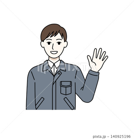 男性作業員 グレー作業服 挨拶 手を振る 男性作業員 グレー作業服 挨拶 手を振る 140925196