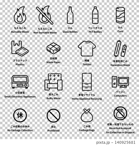 A set of simple line art icon illustrations for waste sorting and recycling resource collection. A set of simple line art icon illustrations for waste sorting and recycling resource collection. 140925681