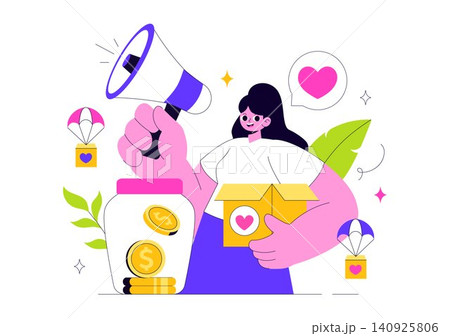 Fundraising Charity Vector Illustration Featuring Donation, Nonprofit Giving, Community Support, Volunteer Fundraising, Charity Box, and Financial Aid 140925806
