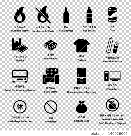 A set of simple illustrations with English and Japanese labels for waste sorting icons and recycling resource collection. A set of simple illustrations with English and Japanese labels for waste sorting icons and recycling resource collection. 140926005