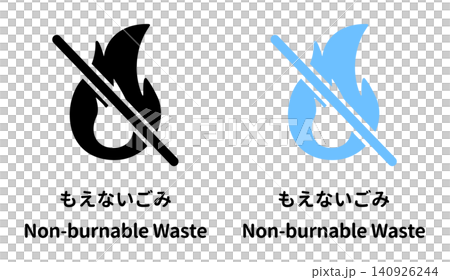 A set of simple icon illustrations with English and Japanese labels for sorting and collecting non-burnable waste. A set of simple icon illustrations with English and Japanese labels for sorting and collecting non-burnable waste. 140926244