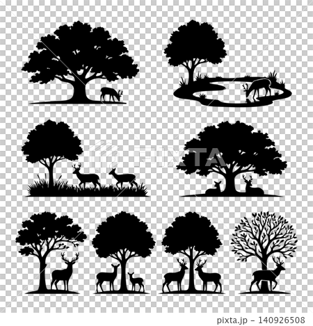 Deer and tree silhouette set for natural woodland landscape designs Deer and tree silhouette set for natural woodland landscape designs 140926508