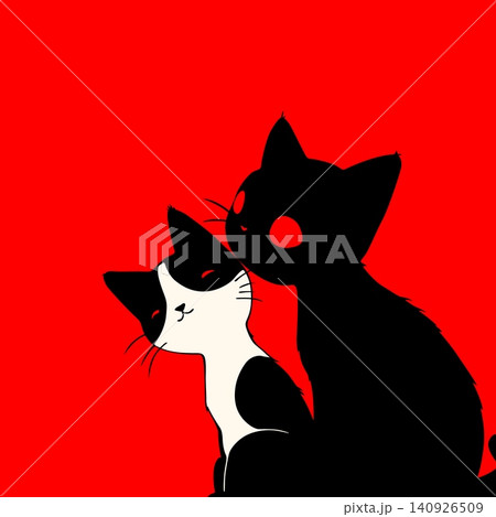 Lovely cats on red background, white and black cats love each other Lovely cats on red background, white and black cats love each other 140926509