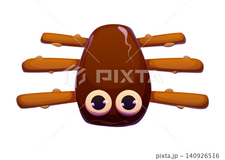 Cartoon Halloween chocolate spider candy. Cute funny sweet dessert with chocolate body, pretzel legs and big round eyes for Halloween treats. Spooky snack for Halloween treats and kids party 140926516