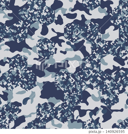 Seamless navy camouflage pattern with Pixel and Spots mixed Hex effect 140926595