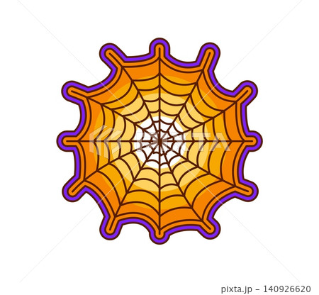 Funky retro Halloween spider cobweb. Groovy Halloween spider web in bright orange and purple circles for spooky party decor. Vector trippy insect trap with psychedelic vibe Funky retro Halloween spider cobweb. Groovy Halloween spider web in bright orange and purple circles for spooky party decor. Vector trippy insect trap with psychedelic vibe 140926620