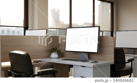 Modern office workstation with blank computer screen mockup Modern office workstation with blank computer screen mockup 140926681