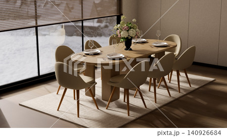 Modern dining room with wooden table and elegant table setting Modern dining room with wooden table and elegant table setting 140926684