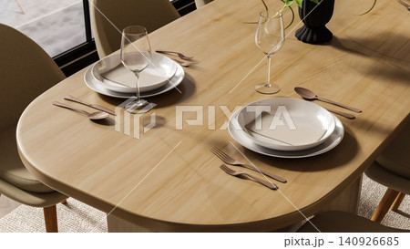 Elegant wooden dining table with tableware close up Elegant wooden dining table with tableware close up 140926685
