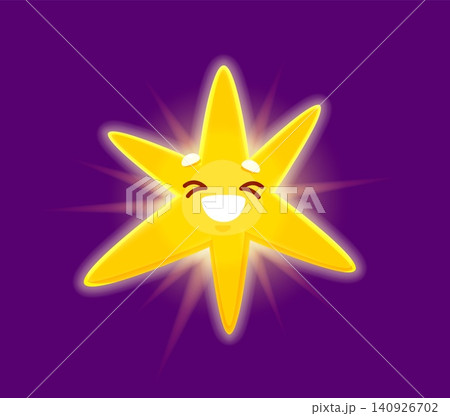 Happy laughing star or cartoon cute mascot kawaii character with funny sunny face for kids icon. Star twinkling in night sky with smile and shiny starry beams of starlight for cartoon kawaii emoji 140926702