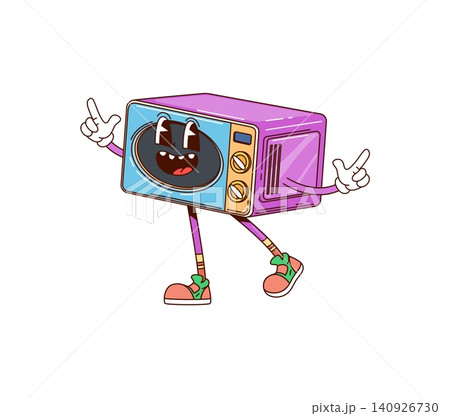 Groovy microwave oven or home appliance character with funny face, cartoon vector. Funky groovy microwave oven with freaky smile and cool gesture as hippie or Y2K kitchen cooking appliance character Groovy microwave oven or home appliance character with funny face, cartoon vector. Funky groovy microwave oven with freaky smile and cool gesture as hippie or Y2K kitchen cooking appliance character 140926730