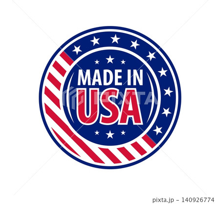 Made in USA stamp badge with American flag for product certificate label or quality icon. Made in USA round emblem for United States production warranty label with America flag stars for US products Made in USA stamp badge with American flag for product certificate label or quality icon. Made in USA round emblem for United States production warranty label with America flag stars for US products 140926774
