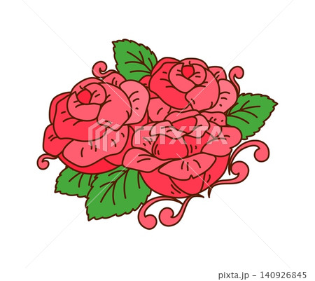 Cowgirl groovy cartoon tattoo of pink roses for disco girly cowboy icon. Cowgirl tattoo of flowers bunch for Wild West cowgirl and Western girly cowboy disco t shirt print with floral ornament Cowgirl groovy cartoon tattoo of pink roses for disco girly cowboy icon. Cowgirl tattoo of flowers bunch for Wild West cowgirl and Western girly cowboy disco t shirt print with floral ornament 140926845