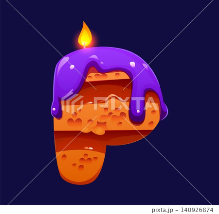 Cake with candle letter for birthday party font, cartoon type for festive anniversary typeface. Kids holiday ABC English alphabet letter P as birthday cake with candle for dessert font typeface 140926874