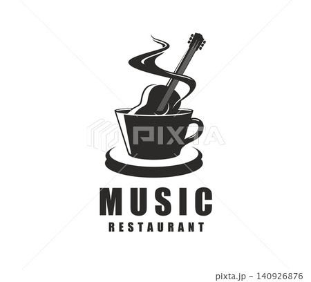 Restaurant or cafe bar live music icon with acoustic guitar and steaming coffee cup. Music restaurant icon of guitar in coffee cup for food bistro or dinner club and musical pub with cuisine kitchen 140926876