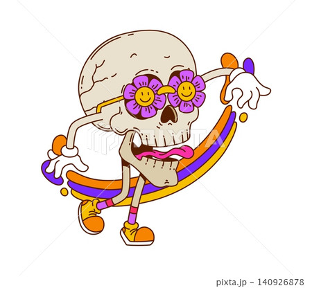 Groovy Halloween skull character dancing in retro flower sunglasses. Funky and colorful vector icon with fun and psychedelic vibes. Groovy Halloween skull character dancing in retro flower sunglasses. Funky and colorful vector icon with fun and psychedelic vibes. 140926878