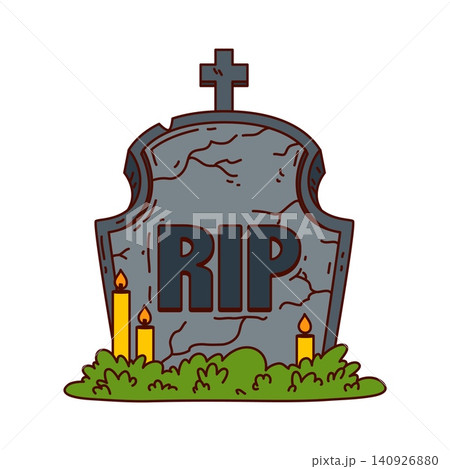 Groovy retro Halloween tombstone with RIP text, yellow burning candles, and green grass. Spooky grey cracked gravestone with cross. Vector icon with spooky cemetery vibe 140926880