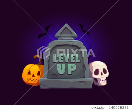 Scary Halloween game level up rank or mysterious badge, vector cartoon GUI interface element. Level up rank banner of tombstone with pumpkin lantern and skeleton skull on cemetery for Halloween game Scary Halloween game level up rank or mysterious badge, vector cartoon GUI interface element. Level up rank banner of tombstone with pumpkin lantern and skeleton skull on cemetery for Halloween game 140926881