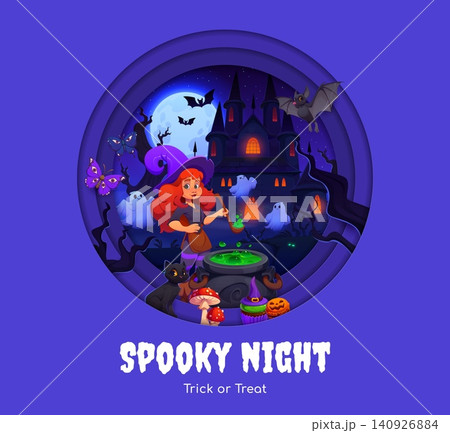 Halloween paper cut greeting card with witch near cauldron, flying ghosts and bats, abandoned castle and night sky. Halloween holiday vector paper cut frame with funny witch making magic potion Halloween paper cut greeting card with witch near cauldron, flying ghosts and bats, abandoned castle and night sky. Halloween holiday vector paper cut frame with funny witch making magic potion 140926884