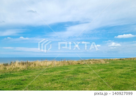 Serene Coastal Landscape with Vast Sky and Grassy Horizon 140927099