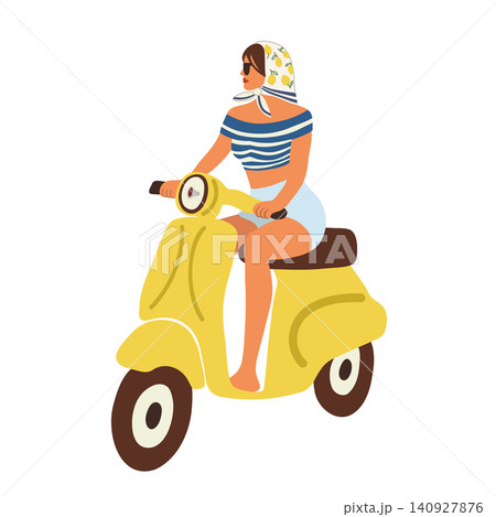 Amalfi Girl on Yellow Scooter. Striped Shirt Amalfi Girl on Yellow Scooter. Striped Shirt 140927876