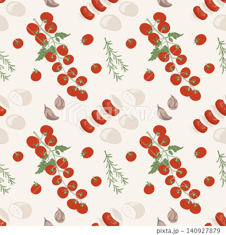 Italian Food Pattern. Cherry Tomatoes Mozzarella Rosemary Italian Food Pattern. Cherry Tomatoes Mozzarella Rosemary 140927879
