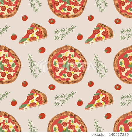 Pizza Pattern. Cherry Tomatoes Rosemary Cream Background Pizza Pattern. Cherry Tomatoes Rosemary Cream Background 140927880
