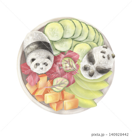 Poke bowl, fresh tuna, mango, avocado, cucumber, rice panda, spinach. Hand-painted watercolor illustration isolated on white for healthy food advertising, menus, cookbooks, posters, Asian cuisine Poke bowl, fresh tuna, mango, avocado, cucumber, rice panda, spinach. Hand-painted watercolor illustration isolated on white for healthy food advertising, menus, cookbooks, posters, Asian cuisine 140928442