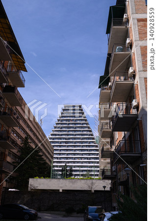 Residential complex Piramida stepped pyramid architecture in Tbilisi urban cityscape Residential complex Piramida stepped pyramid architecture in Tbilisi urban cityscape 140928559