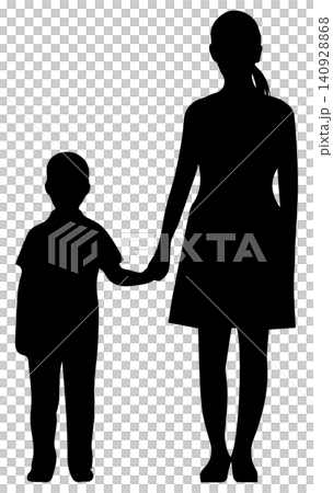 Mother and baby boy holding hands_Front view, black_Transparent Mother and baby boy holding hands_Front view, black_Transparent 140928868