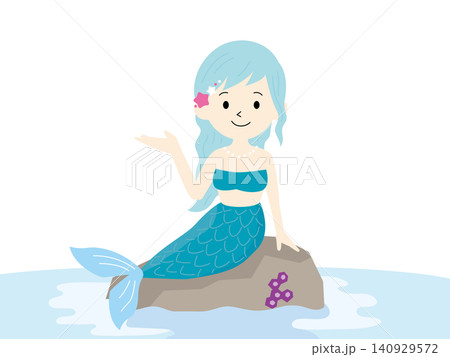 岩場に座る人魚の女の子のイラスト、水色 岩場に座る人魚の女の子のイラスト、水色 140929572