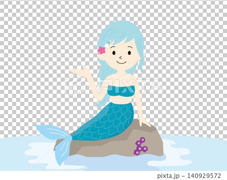 An illustration of a mermaid girl sitting on a rock, light blue. An illustration of a mermaid girl sitting on a rock, light blue. 140929572