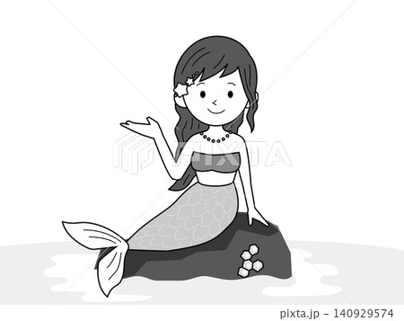 岩場に座る人魚の女の子のイラスト、モノクロ 岩場に座る人魚の女の子のイラスト、モノクロ 140929574