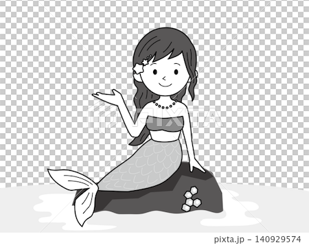 A monochrome illustration of a mermaid girl sitting on a rock. A monochrome illustration of a mermaid girl sitting on a rock. 140929574