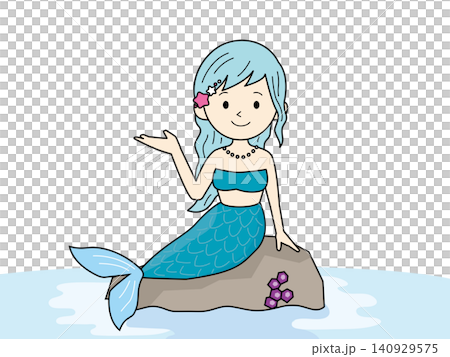 An illustration of a mermaid girl sitting on a rock, in blue with outlines. An illustration of a mermaid girl sitting on a rock, in blue with outlines. 140929575