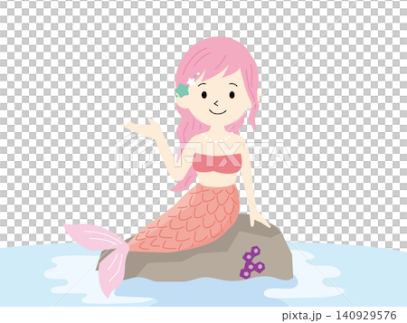 An illustration of a mermaid girl sitting on a rock, pink An illustration of a mermaid girl sitting on a rock, pink 140929576