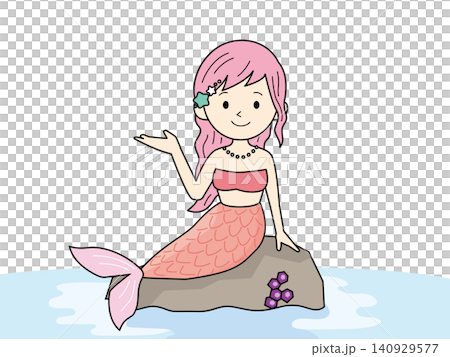 An illustration of a mermaid girl sitting on a rock, in pink with outlines. An illustration of a mermaid girl sitting on a rock, in pink with outlines. 140929577