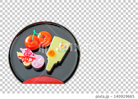 和皿に盛った祝い菓子(羊羹)正月イメージ、年賀状素材 和皿に盛った祝い菓子(羊羹)正月イメージ、年賀状素材 140929665