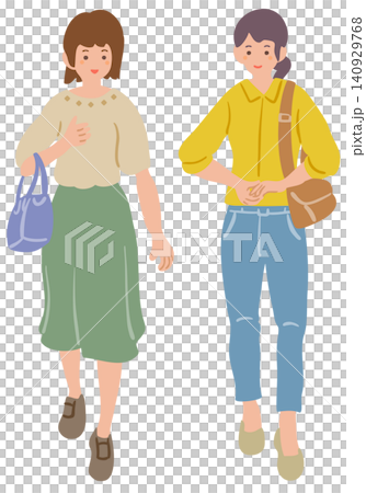 一幅描繪兩名女子並肩行走的插圖。 一幅描繪兩名女子並肩行走的插圖。 140929768