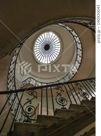 the Nelson Staircase within Somerset House in London, a grand spiral staircase inside a neoclassical building, 140930043