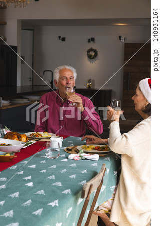 Senior couple in festive attire toasting wine glasses at home dining table with roasted poultry Senior couple in festive attire toasting wine glasses at home dining table with roasted poultry 140931164